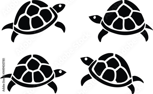 Four simple black turtles swim peacefully on a transparent background in a seamless pattern