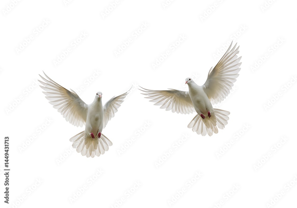 Two white doves flying with wings spread against a stark white background in a minimalist composition Two white doves flying with wings spread against a stark white background in a minimalist composition