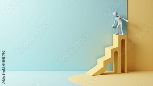 Marketing Analyst. Standing alone upward. Isolated background, copyspace.. Lone man ascends sunny staircase into emptiness, symbolizing isolation and upward striving in professional life.