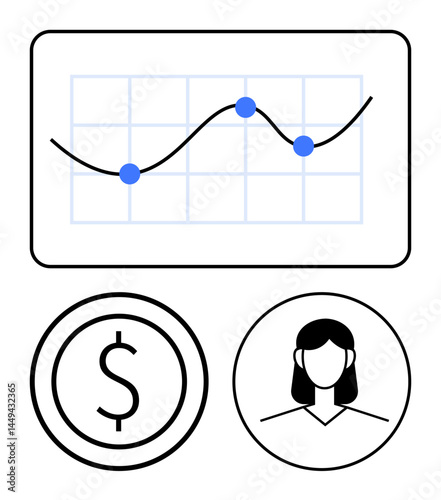 Graph with trend line and data points, currency circle depicting finance, and female user icon. Ideal for business, finance, analysis, user insights, marketing, investment simple landing page