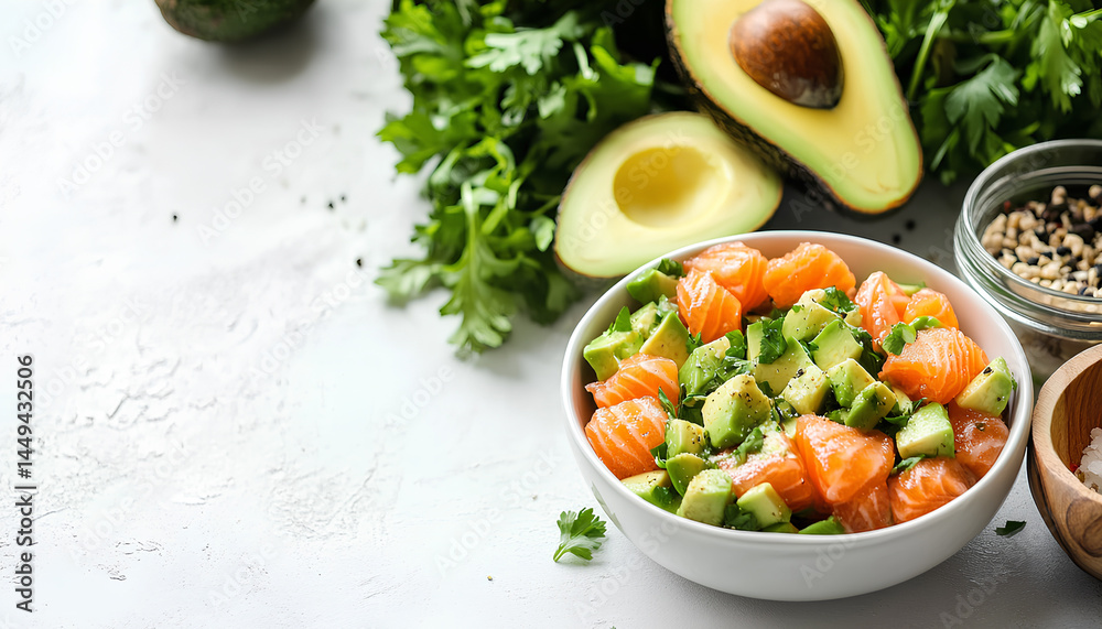 Tasty salmon tartare with avocado and greens on white table, closeup Tasty salmon tartare with avocado and greens on white table, closeup
