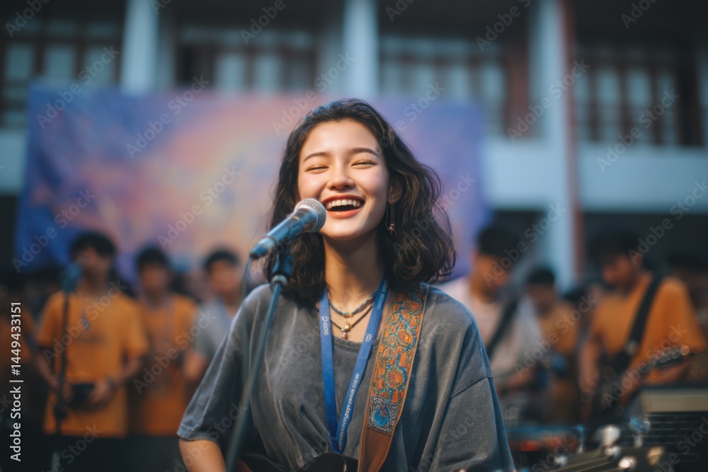 Fototapeta premium Happy Young Woman Singing on Stage with Band, Live Music Performance, Evening Light