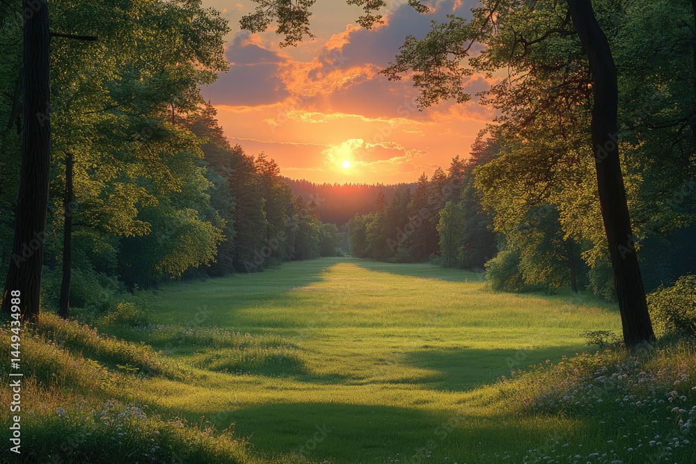 Fototapeta premium Tranquil Sunset Scene with Long Shadows and Warm Glow