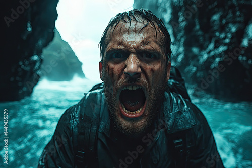 Obraz na płótnie Intense Island Survival with Man Screaming in Desperation w salonie
