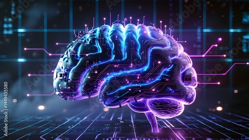 Futuristic 3D Render of Glowing Human Brain with Circuitry – Artificial Intelligence and Neural Network Concept