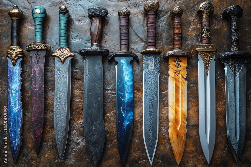Variety of Combat Knives and Swords Illustrated Together