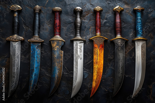 Obraz na płótnie Detailed Display of Edged Weapons in One Image w salonie