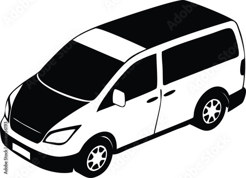 Isometric black and white minivan presents a unique view with a transparent background