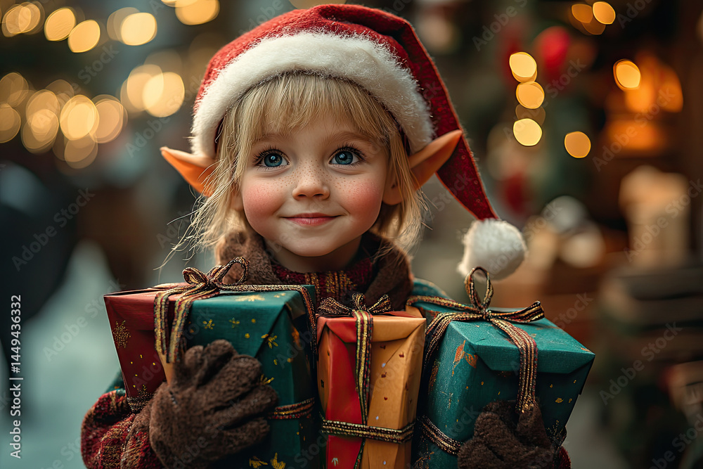 Festive Elf Walking Outdoors Surrounded by Holiday Decorations