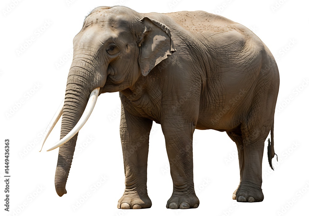 Fototapeta premium A full body shot of an asian elephant standing on a white background with its tusks visible clearly