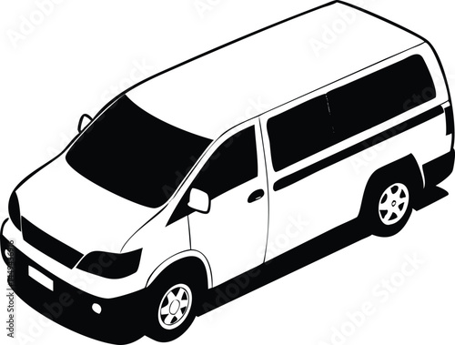 Isometric perspective showcases a sleek white minivan with bold black outlines, set against transparency