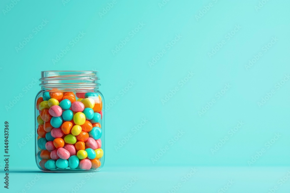 Glass Jar Filled with Colorful Candies on Blue Backdrop, Minimalist and Clean Glass Jar Filled with Colorful Candies on Blue Backdrop, Minimalist and Clean