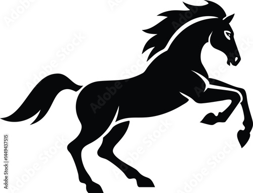 Majestic black horse silhouette rearing powerfully against a plain white background expresses strength
