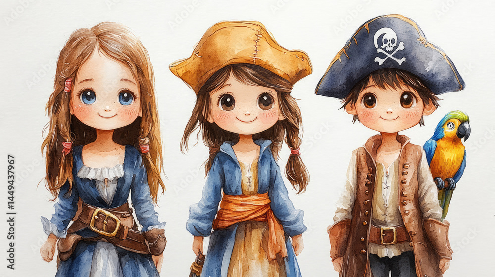 Watercolor Pirate Kids in Costumes for Fun Book Illustrations