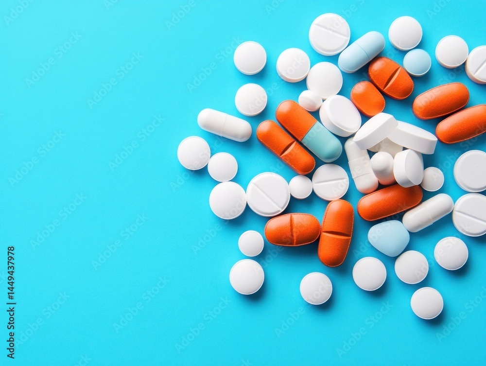 Assorted pills and capsules on a vibrant blue surface Assorted pills and capsules on a vibrant blue surface