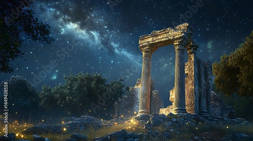 Ancient Ruins Under Starry Night Sky Magical Firefly Scene dark blue gold calm view stars stone     