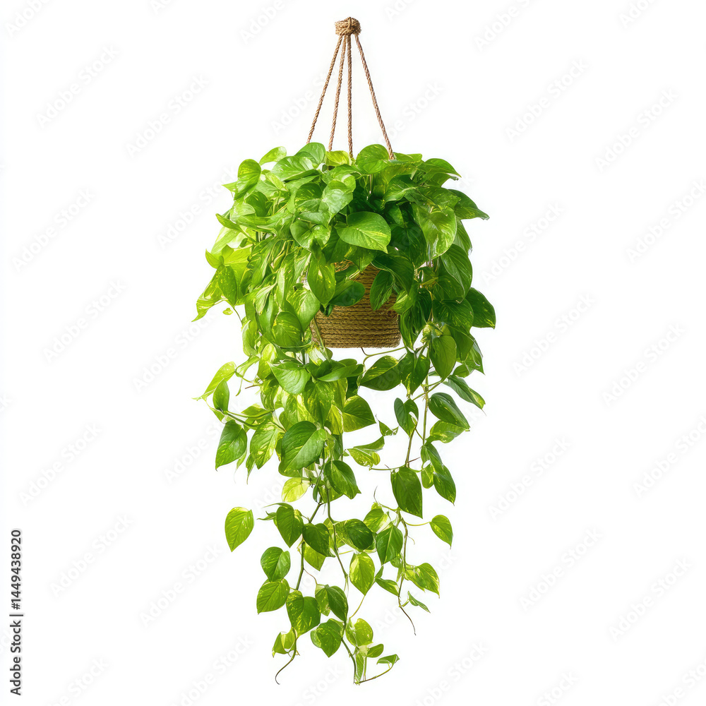 Obraz premium Hanging plant, vibrant green leaves, cascading vines, in a light beige basket