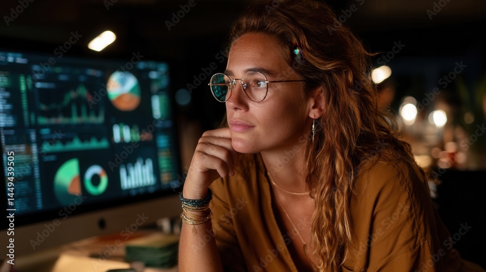 Focused young professional analyzing data at night office Focused young professional analyzing data at night office