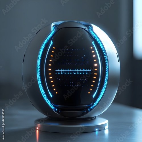 Futuristic AI robot or smart device with glowing interface and LED lights on metallic surface.