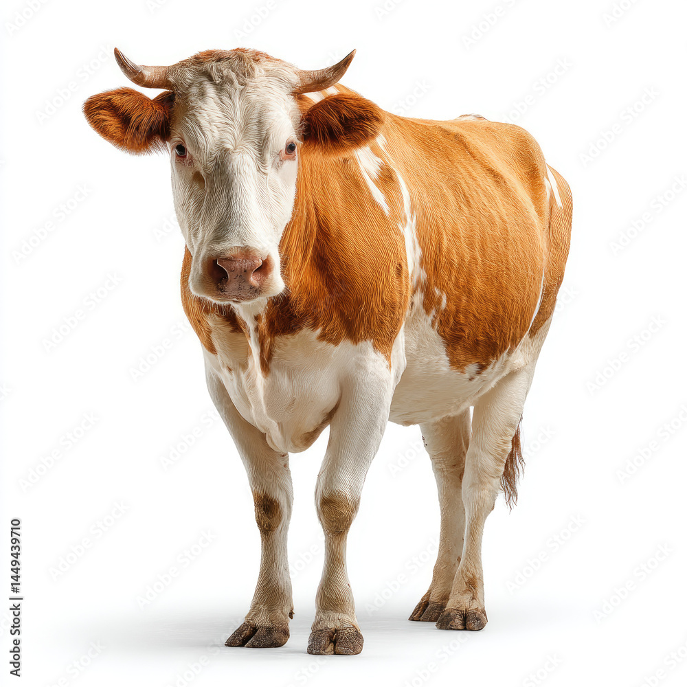 Cow, standing, facing front, against white background. Detailed view of cow's body and head Cow, standing, facing front, against white background. Detailed view of cow's body and head