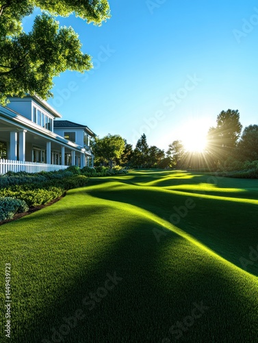 Luxury Home on a Rolling Green Lawn at Sunset