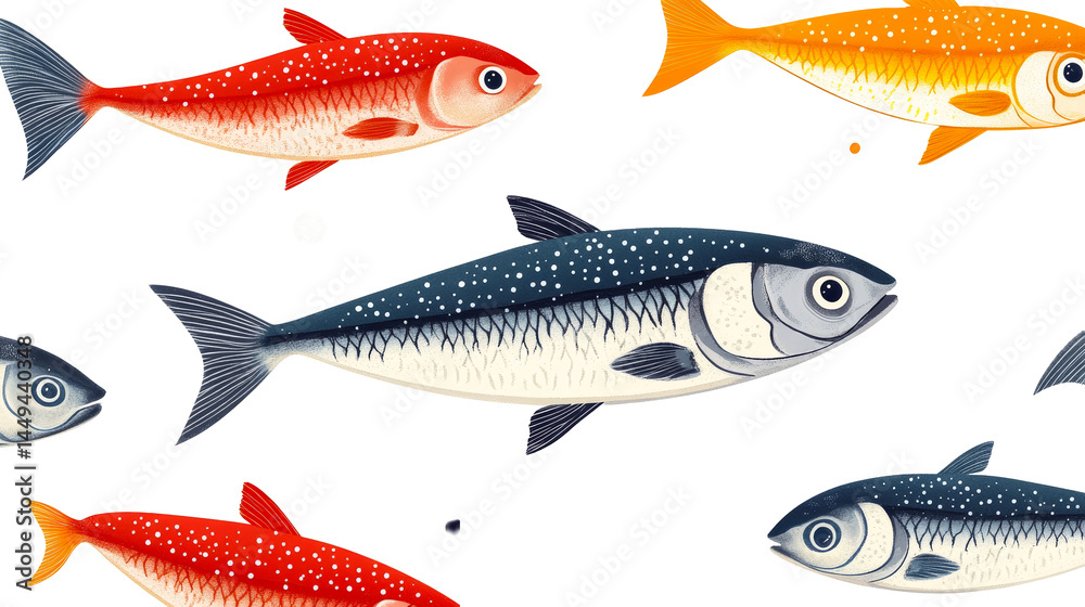 Fototapeta premium Group of colorful fishes swimming together, cut out transparent