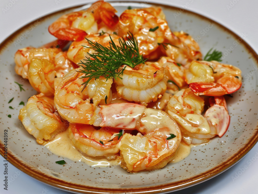 Roasted shrimp in creamy sauce, garnished with fresh herbs Roasted shrimp in creamy sauce, garnished with fresh herbs