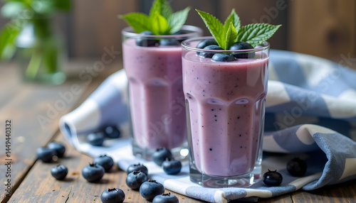Refreshing blueberry smoothie served in glasses on a rustic table  