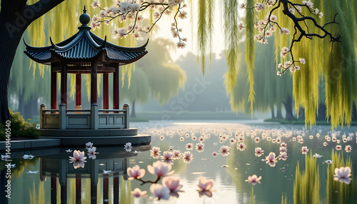 Serene gazebo reflecting in tranquil pond surrounded by blooming flowers  