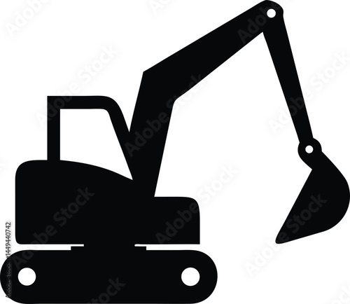 Silhouette depicts a black excavator with lifted bucket against a transparent backdrop