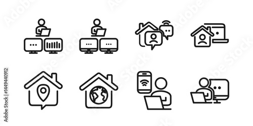 Remote Work Line Icons . Freelancer Work from Home, Video Call, Online Meeting, Teleconference Vector Set