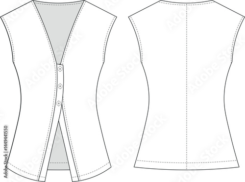 sleeveless v neck buttoned long lowcut cutout fit sport blouse top template technical drawing flat sketch cad mockup fashion woman design style model 
