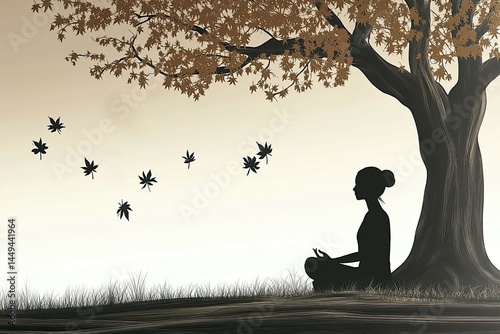 Serene Silhouette of a Meditating Individual Beneath a Majestic Tree with Falling Leaves in a Tranquil Natural Setting Evoking Peace and Mindfulness