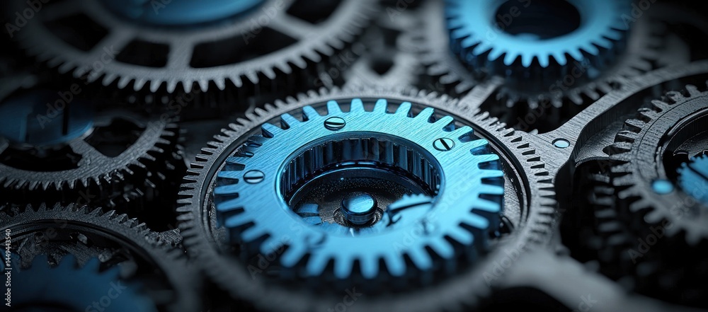 Close-up of intricate blue and gray gears interlocked, showcasing complex machinery. Close-up of intricate blue and gray gears interlocked, showcasing complex machinery.