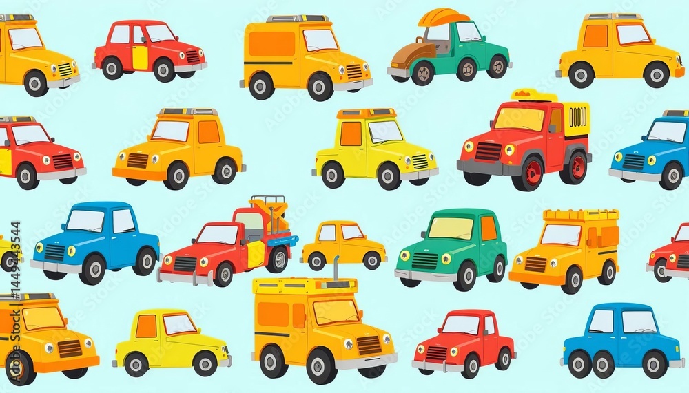 Seamless vector pattern of cartoon builder cars in various colors and styles, bulldozer, work Seamless vector pattern of cartoon builder cars in various colors and styles, bulldozer, work