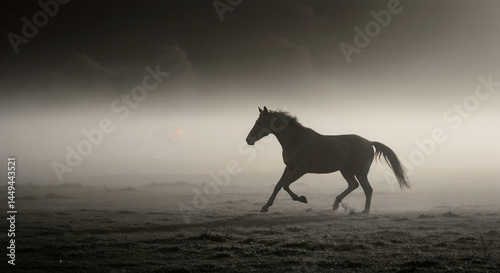 Silhouette Horse Running Through Foggy Field at Sunrise Moody Mist