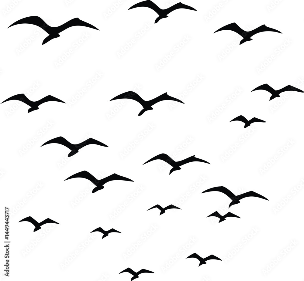 Fototapeta premium Silhouetted flock of birds fly gracefully across the sky in minimalist monochrome theme against transparent backdrop