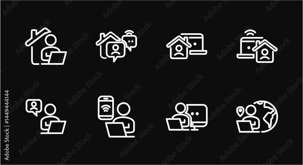 Remote Work Line Icons . Freelancer Work from Home, Video Call, Online Meeting, Teleconference Vector Set Remote Work Line Icons . Freelancer Work from Home, Video Call, Online Meeting, Teleconference Vector Set