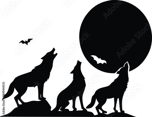 Silhouetted wolves howl at a big moon as bats fly in this vector
