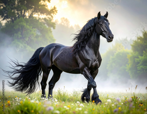 A majestic black Friesian horse with a flowing mane and tail stands proudly in a misty morning pasture.