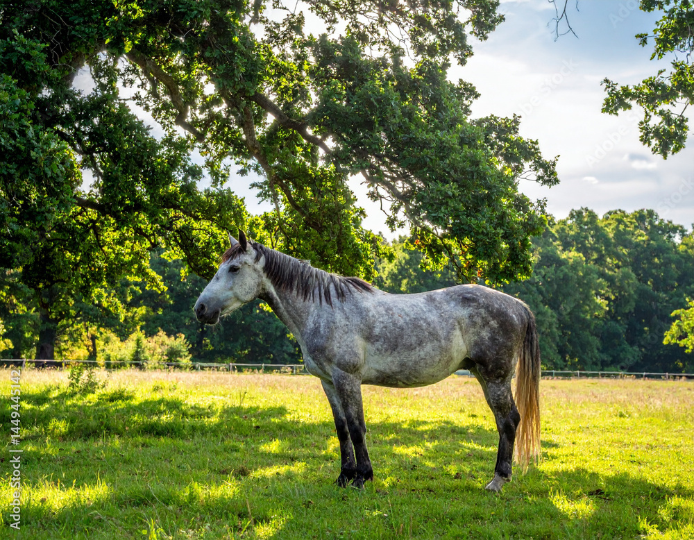 A dappled grey horse stands calmly in a green pasture under the shade of a large, leafy oak tree on a summer day. A dappled grey horse stands calmly in a green pasture under the shade of a large, leafy oak tree on a summer day.