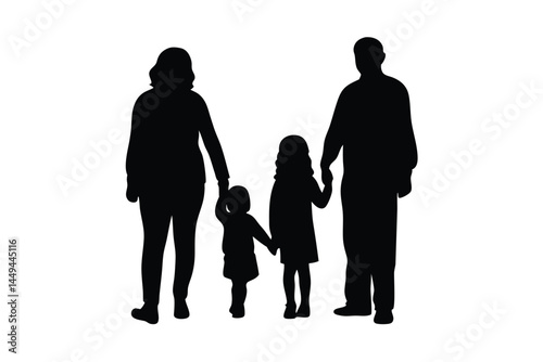 Silhouette of a family holding hands, father, mother, and children