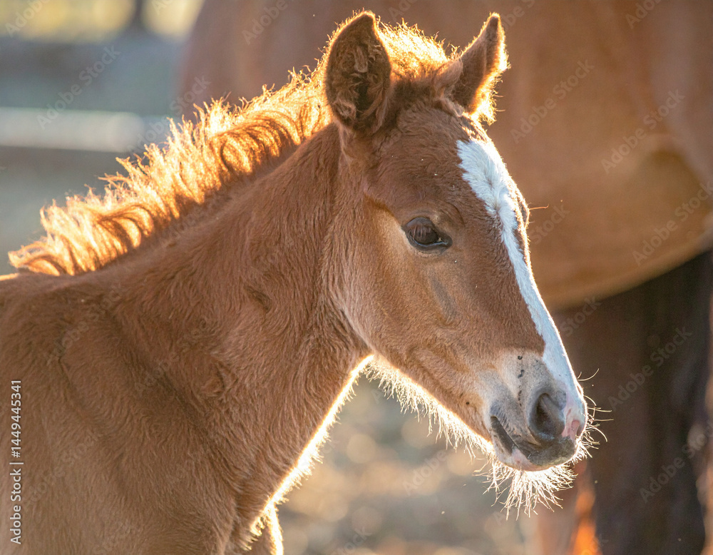 Obraz premium The soft, downy hair of a newborn foal is highlighted in the gentle morning light in a quiet stable setting.