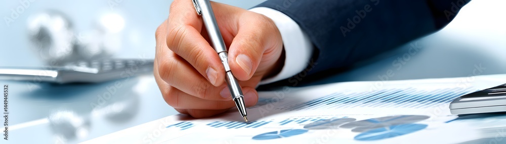 A close-up of a hand holding a pen and marking financial documents, representing strategic financial planning and wealth management, with generous copy space. A close-up of a hand holding a pen and marking financial documents, representing strategic financial planning and wealth management, with generous copy space.