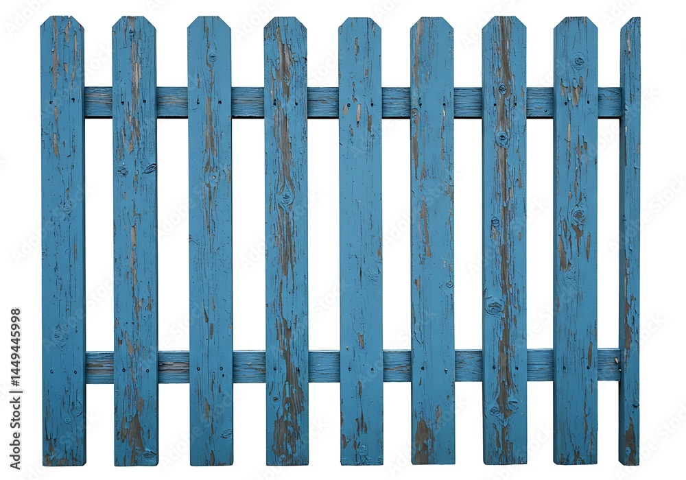 A weathered blue wooden fence with peeling paint isolated against a white background in a close up shot A weathered blue wooden fence with peeling paint isolated against a white background in a close up shot