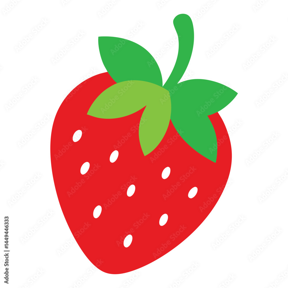 Obraz premium Simple red strawberry exhibits white seeds and bright green stem on white