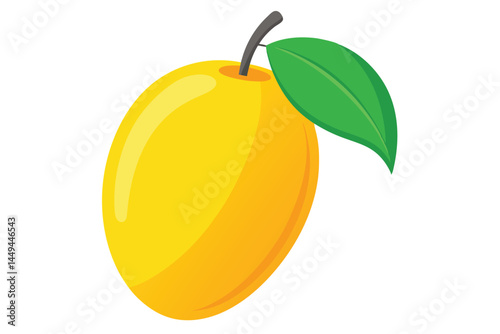 Single yellow mango with green leaf attached on a white transparent background