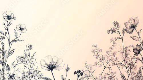 Elegant Floral Botanical Illustration Soft Pink Background Delicate Flowers Drawing Vintage Style   