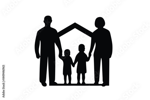 Silhouette of a family holding hands, father, mother, and children