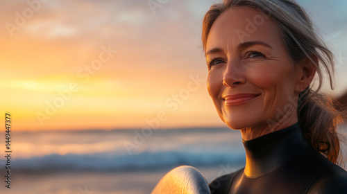 Woman with a surfboard is smiling at the camera. The image with the sun setting in the background and the ocean in the foreground